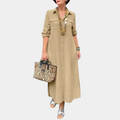 Women's Shirt Dress - Maxi Length - Long Sleeves - Button Closure - Chest Pockets