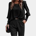 Women's Blouse - Relaxed Fit - Long Sleeves with Light Puff - Classic Round Neck