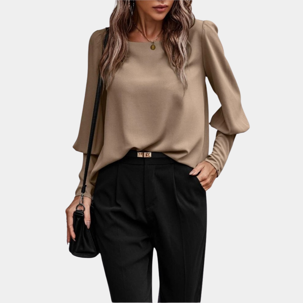 Women's Blouse - Relaxed Fit - Long Sleeves with Light Puff - Classic Round Neck
