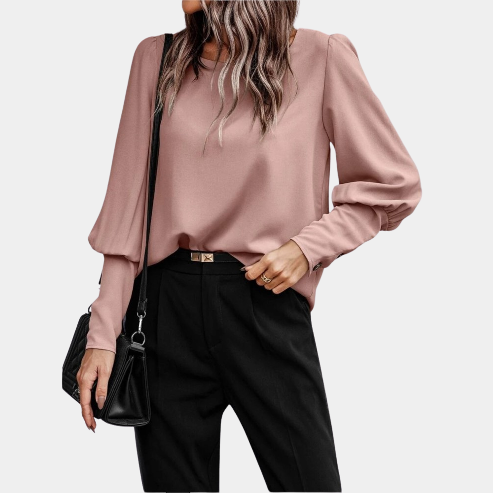 Women's Blouse - Relaxed Fit - Long Sleeves with Light Puff - Classic Round Neck