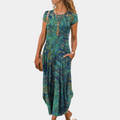 Women's Maxi Dress - Loose Fit - Breathable and Light - Geometric Pattern - Short Sleeves