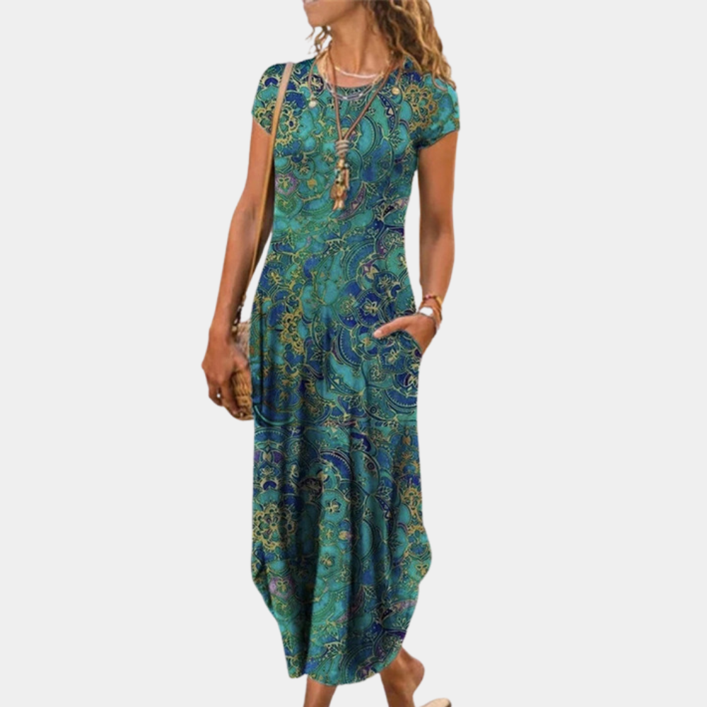 Women's Maxi Dress - Loose Fit - Breathable and Light - Geometric Pattern - Short Sleeves