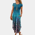 Women's Maxi Dress - Loose Fit - Breathable and Light - Geometric Pattern - Short Sleeves