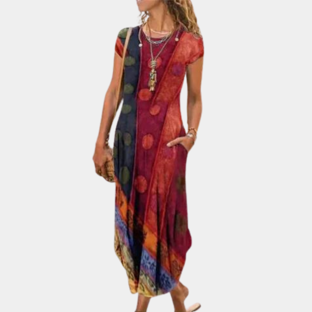 Women's Maxi Dress - Loose Fit - Breathable and Light - Geometric Pattern - Short Sleeves