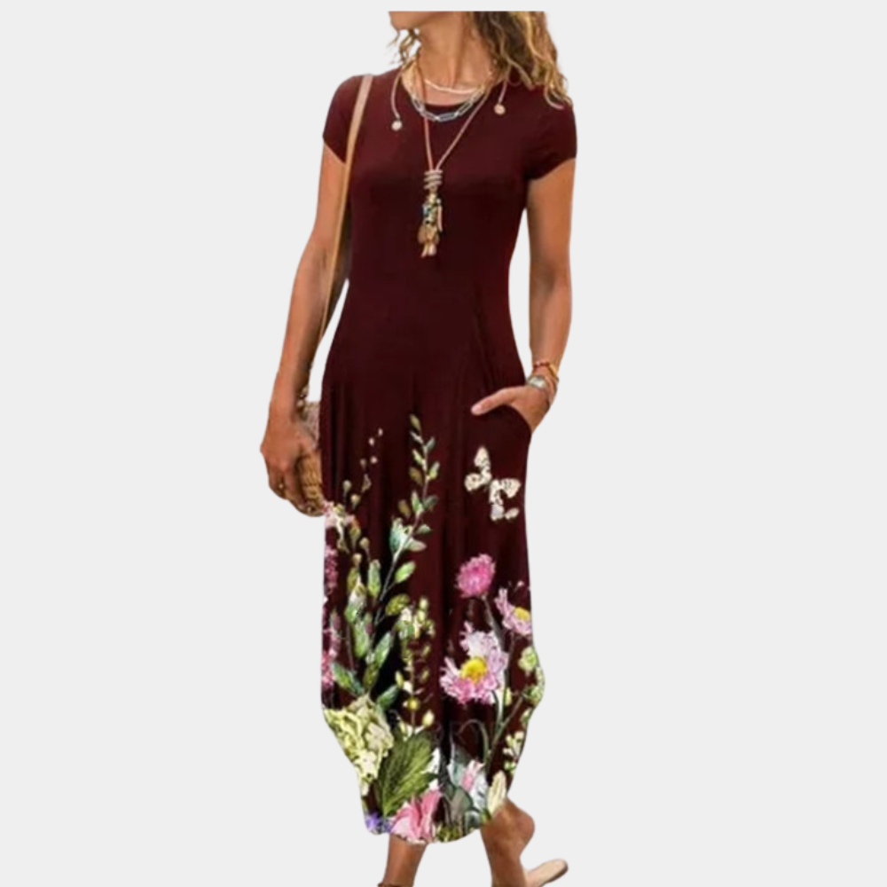 Women's Maxi Dress - Loose Fit - Breathable and Light - Geometric Pattern - Short Sleeves
