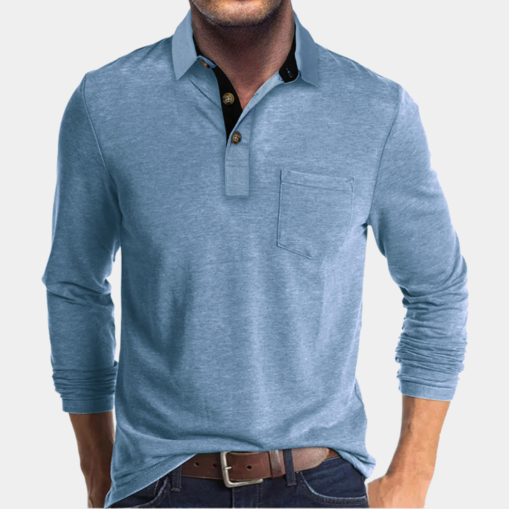 Men's Polo Shirt - Long-Sleeved - Soft Knit - Button Closure - Chest Pocket - Relaxed Fit