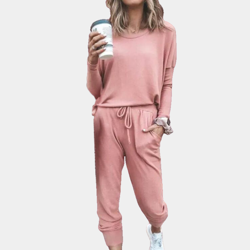 Women's Loungewear Set - Long-Sleeve Crew Neck Top & Joggers - Elastic Waist & Pockets