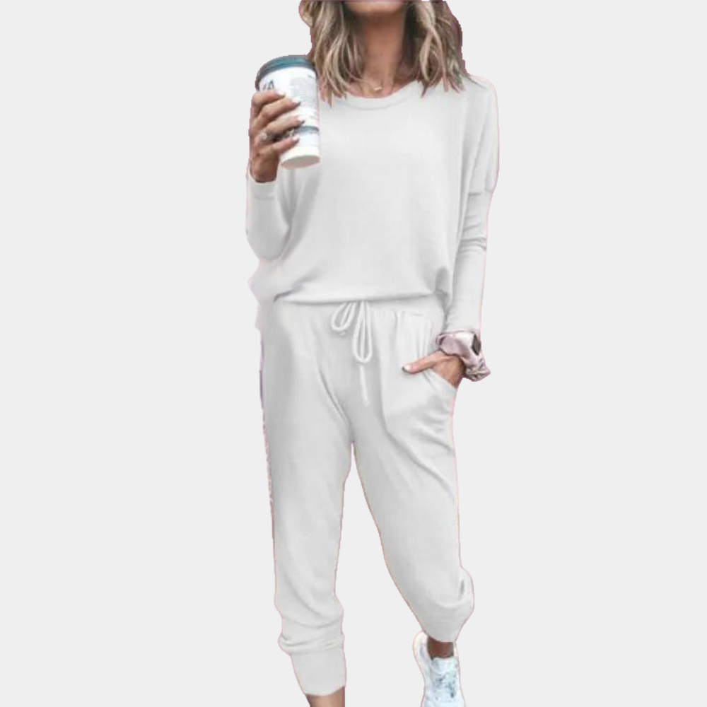 Women's Loungewear Set - Long-Sleeve Crew Neck Top & Joggers - Elastic Waist & Pockets