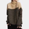 Women's Knit Sweater - Oversized Fit - High Turtleneck - Wool Blend with Herringbone Pattern
