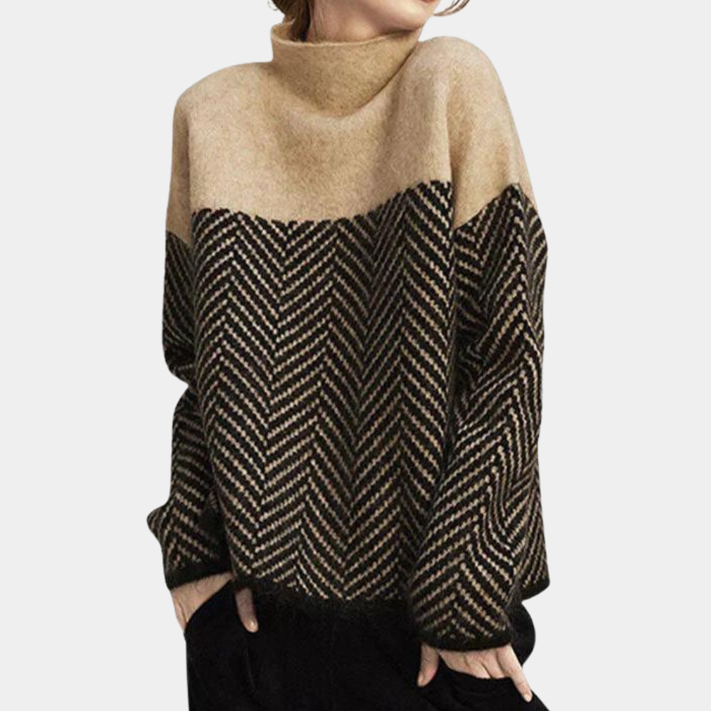 Women's Knit Sweater - Oversized Fit - High Turtleneck - Wool Blend with Herringbone Pattern
