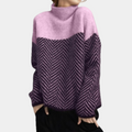 Women's Knit Sweater - Oversized Fit - High Turtleneck - Wool Blend with Herringbone Pattern