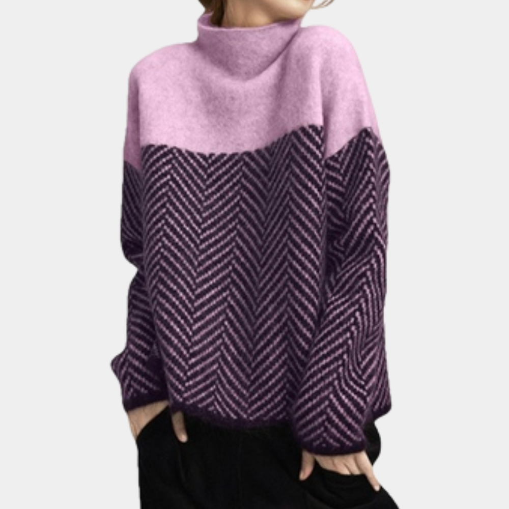 Women's Knit Sweater - Oversized Fit - High Turtleneck - Wool Blend with Herringbone Pattern
