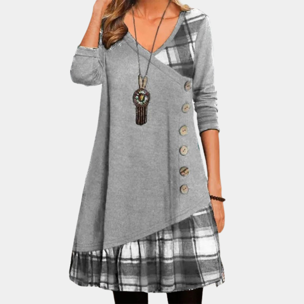Women's Tunic Dress - Asymmetric Design - V-Neck - Long Sleeved - Loose Fit
