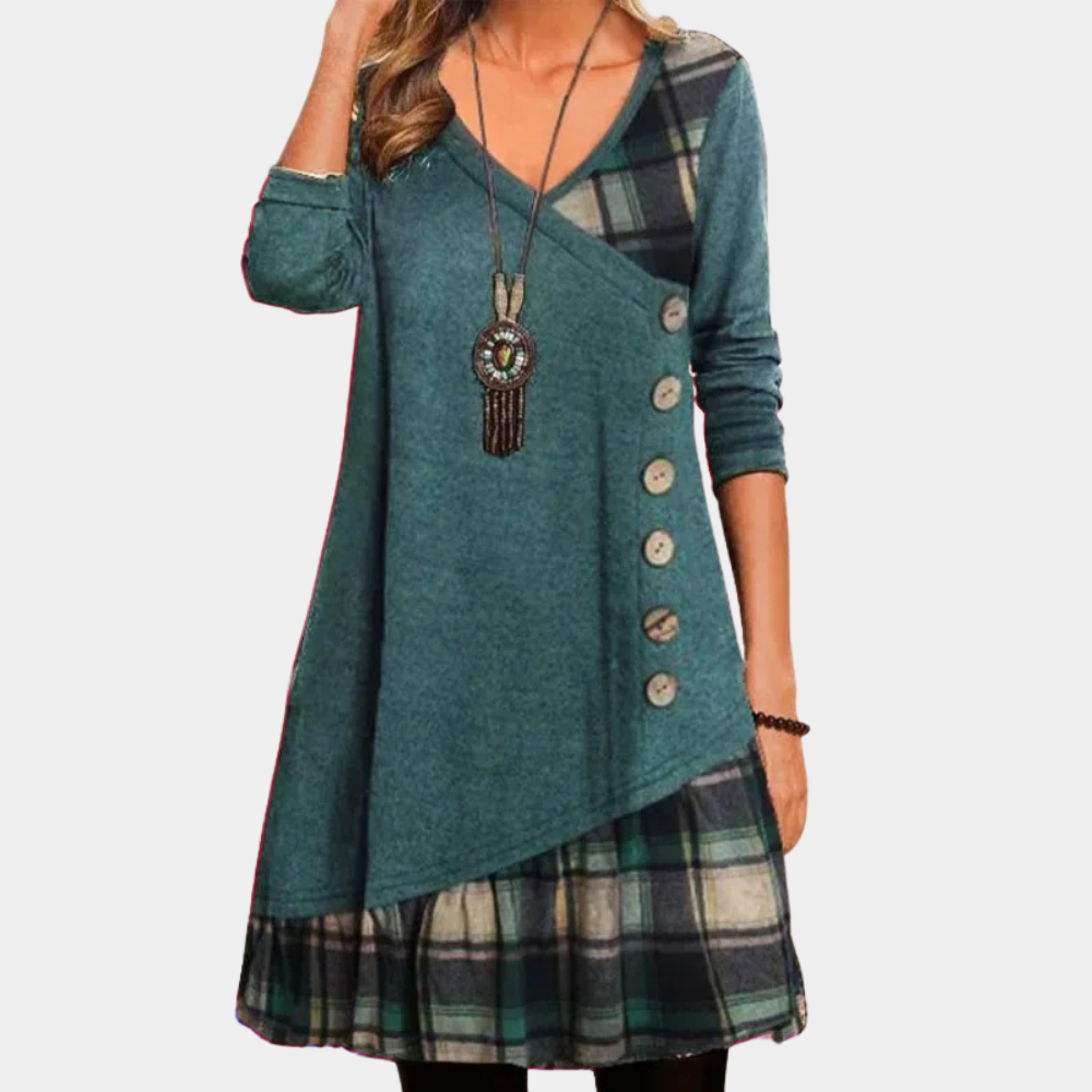 Women's Tunic Dress - Asymmetric Design - V-Neck - Long Sleeved - Loose Fit