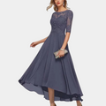 Women's Party Dress - A-line Cut - Bateau Neckline - Lace Bodice - 3/4 Sleeves - Floor Length
