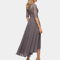 Women's Party Dress - A-line Cut - Bateau Neckline - Lace Bodice - 3/4 Sleeves - Floor Length