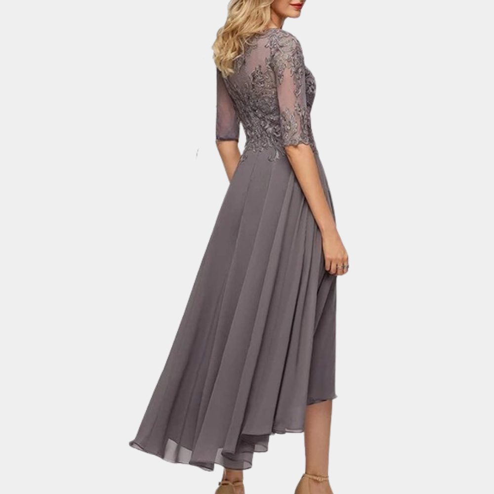 Women's Party Dress - A-line Cut - Bateau Neckline - Lace Bodice - 3/4 Sleeves - Floor Length