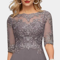 Women's Party Dress - A-line Cut - Bateau Neckline - Lace Bodice - 3/4 Sleeves - Floor Length