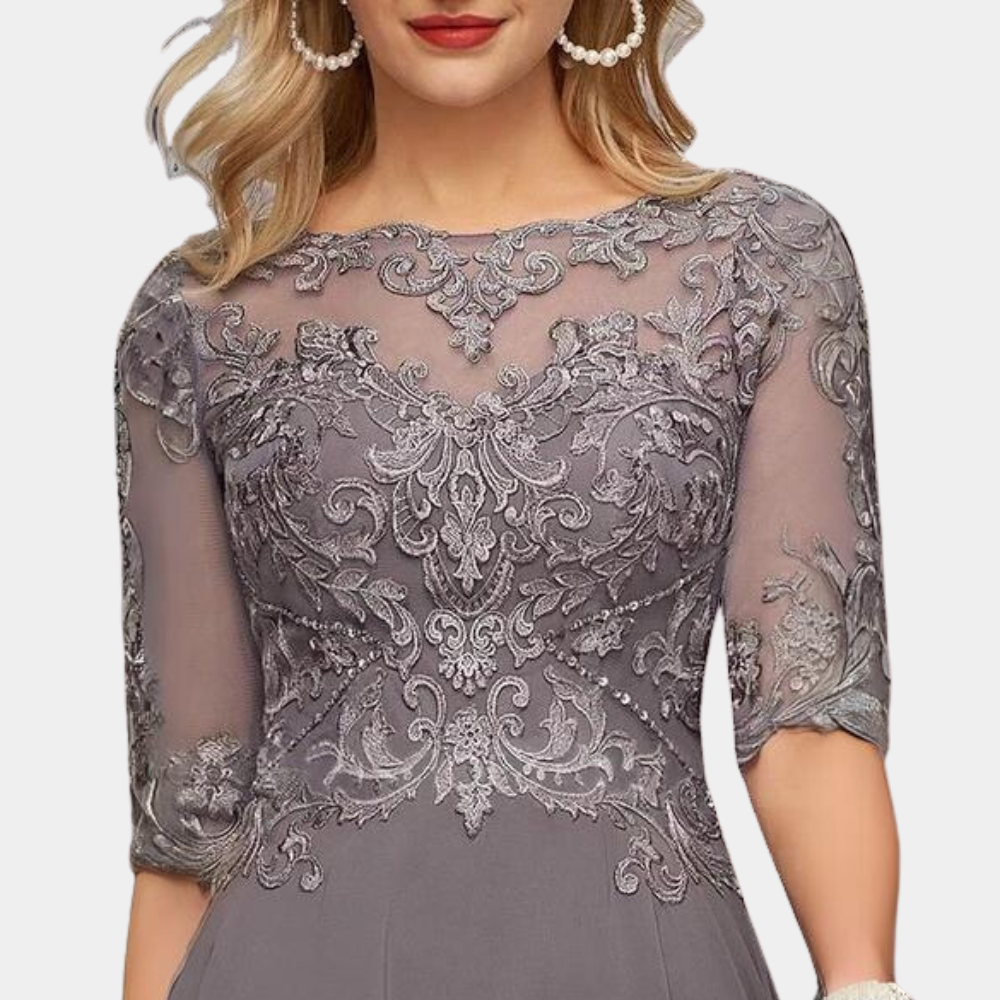 Women's Party Dress - A-line Cut - Bateau Neckline - Lace Bodice - 3/4 Sleeves - Floor Length