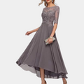 Women's Party Dress - A-line Cut - Bateau Neckline - Lace Bodice - 3/4 Sleeves - Floor Length
