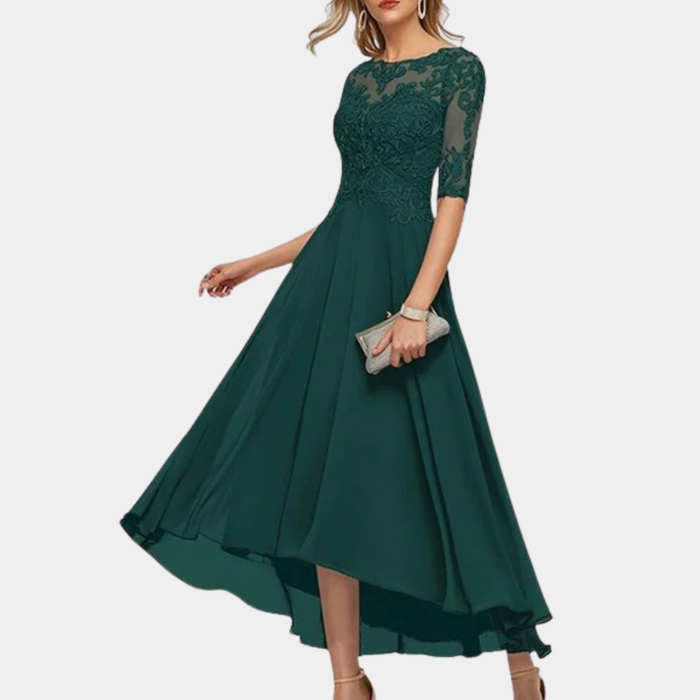Women's Party Dress - A-line Cut - Bateau Neckline - Lace Bodice - 3/4 Sleeves - Floor Length