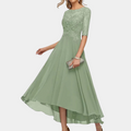 Women's Party Dress - A-line Cut - Bateau Neckline - Lace Bodice - 3/4 Sleeves - Floor Length