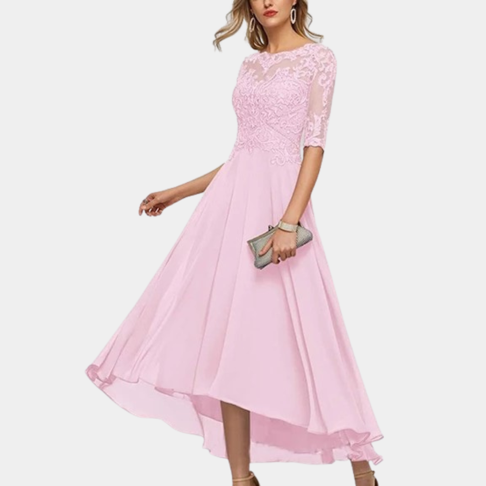 Women's Party Dress - A-line Cut - Bateau Neckline - Lace Bodice - 3/4 Sleeves - Floor Length