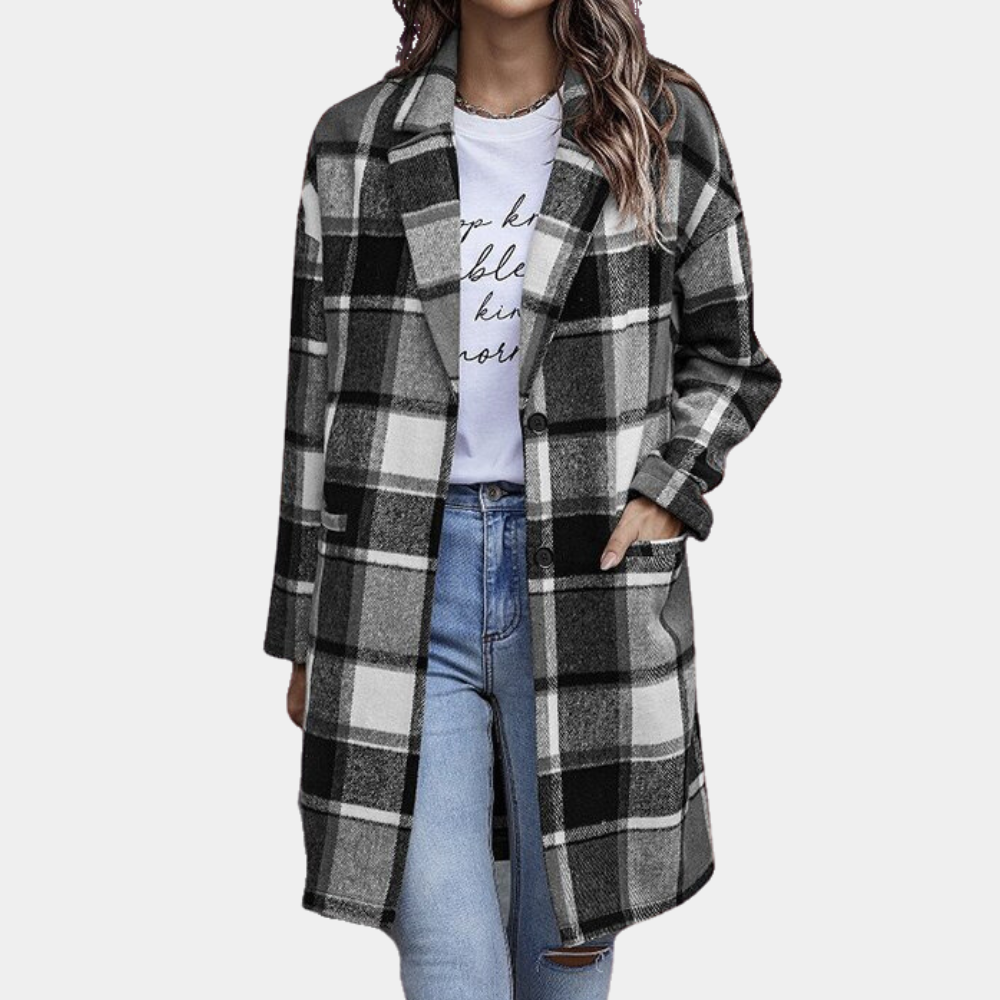 Women's Coat - Wool Blend - Checkered Pattern - Relaxed Fit - Knee Length