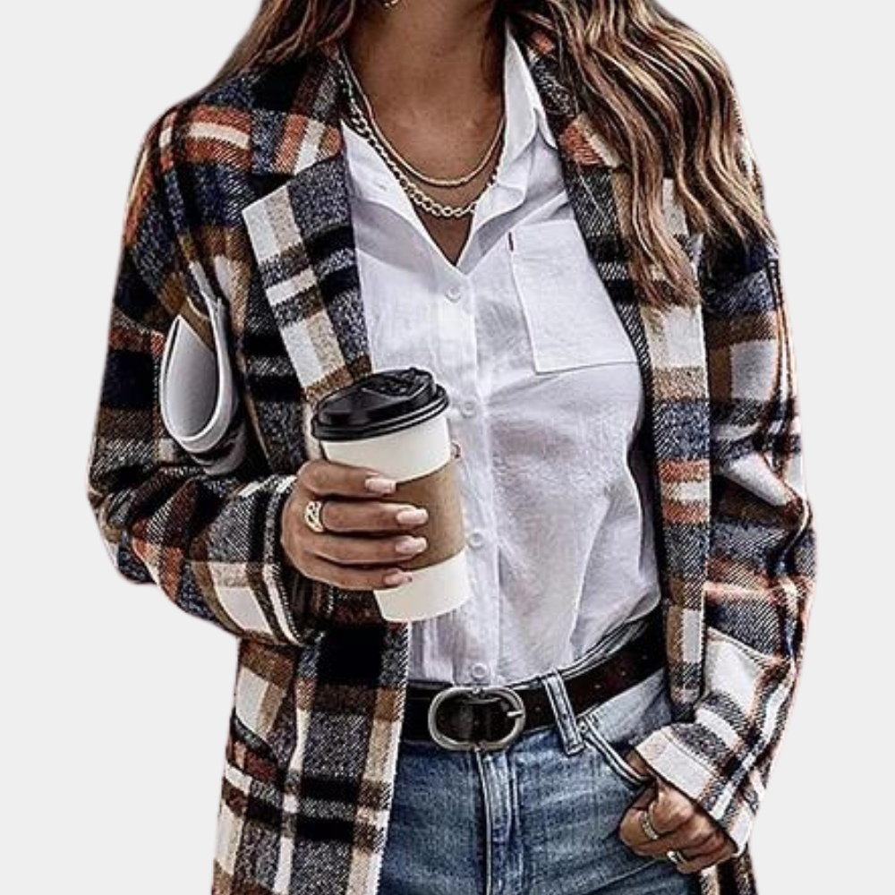 Women's Coat - Wool Blend - Checkered Pattern - Relaxed Fit - Knee Length