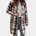 Women's Coat - Wool Blend - Checkered Pattern - Relaxed Fit - Knee Length