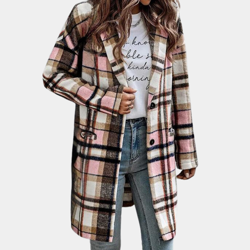 Women's Coat - Wool Blend - Checkered Pattern - Relaxed Fit - Knee Length