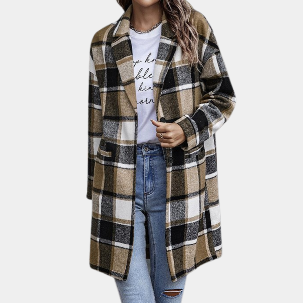 Women's Coat - Wool Blend - Checkered Pattern - Relaxed Fit - Knee Length