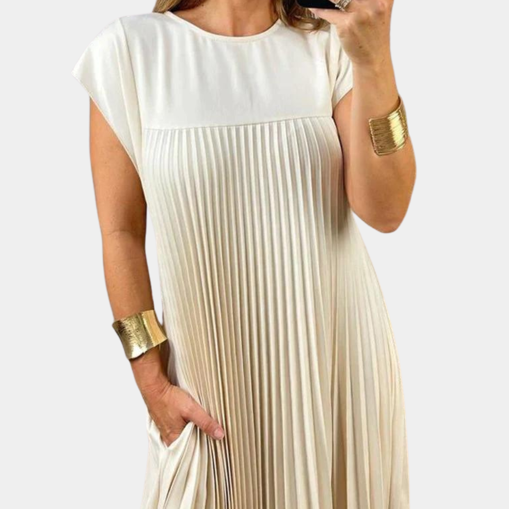 Women's Maxi Dress - Pleated Design - Round Neck - Short Sleeves - Elegant and Airy