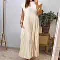 Women's Maxi Dress - Pleated Design - Round Neck - Short Sleeves - Elegant and Airy