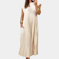 Women's Maxi Dress - Pleated Design - Round Neck - Short Sleeves - Elegant and Airy