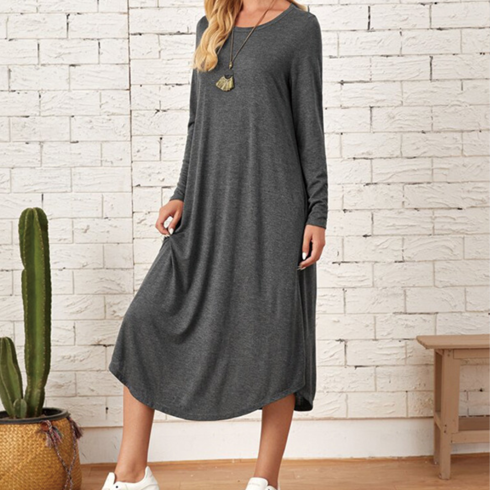 Women's Long-Sleeved Dress - Loose Fit - Round Neck - Soft and Light Quality