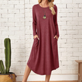 Women's Long-Sleeved Dress - Loose Fit - Round Neck - Soft and Light Quality