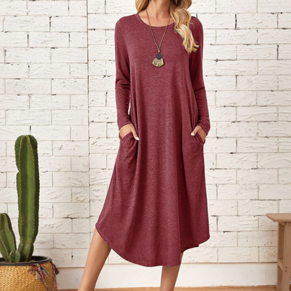 Women's Long-Sleeved Dress - Loose Fit - Round Neck - Soft and Light Quality