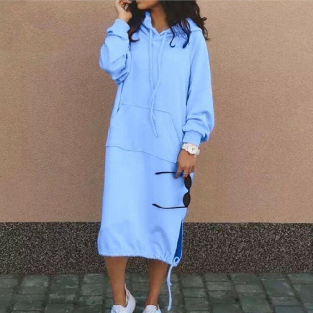 Women's Hoodie Dress - Soft Cotton - Relaxed Fit - Knee Length with Pocket