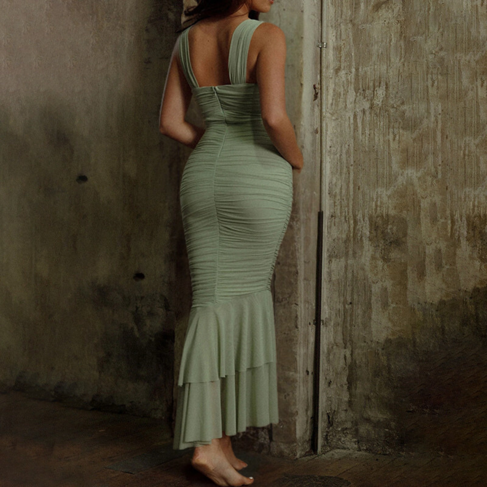 Tailored Ruched Fishtail Maxi Dress