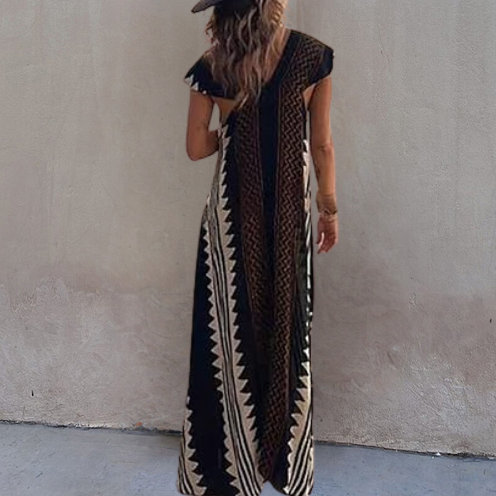 Women's Maxi Dress - Sleeveless V-neck - Light and Loose Fit - Geometric Pattern