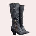 Women's Knee-High Boots - Faux Suede - Block Heel - Round Toe - Zipper & Lace Details
