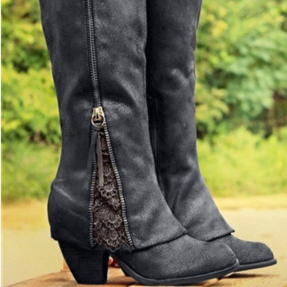 Women's Knee-High Boots - Faux Suede - Block Heel - Round Toe - Zipper & Lace Details