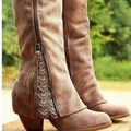 Women's Knee-High Boots - Faux Suede - Block Heel - Round Toe - Zipper & Lace Details