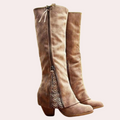 Women's Knee-High Boots - Faux Suede - Block Heel - Round Toe - Zipper & Lace Details