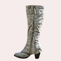 Women's Knee-High Boots - Faux Suede - Block Heel - Round Toe - Zipper & Lace Details