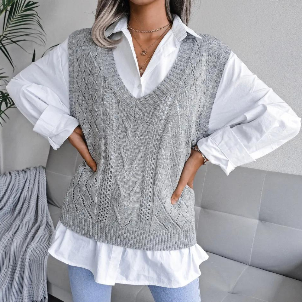 Women's Knit Vest - Cable Knit - V-neck - Soft and Comfortable