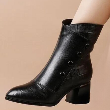 Side Button Block Heel Ankle Boots