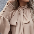 Women's Blouse - Satin Look - Loose Fit - Bow Neck - Long Sleeves