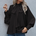 Women's Blouse - Satin Look - Loose Fit - Bow Neck - Long Sleeves